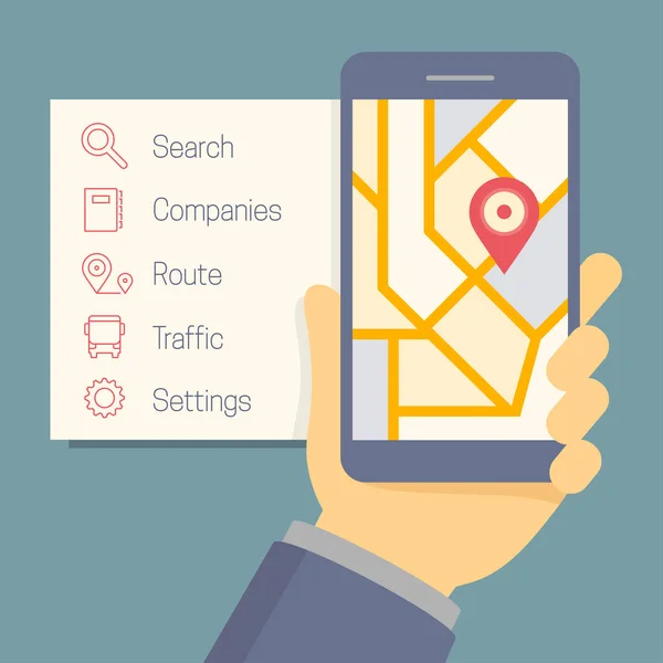 平らなスタイルでベクトルオンラインナビゲーターの概念は 手の地図や画面上のポインタで携帯電話を保持し サイドのオプションアイコン — ストックベクタ