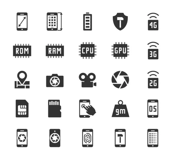 Conjunto Iconos Parámetros Teléfonos Inteligentes Dimensiones Pantalla Resolución Capacidad Rom — Archivo Imágenes Vectoriales