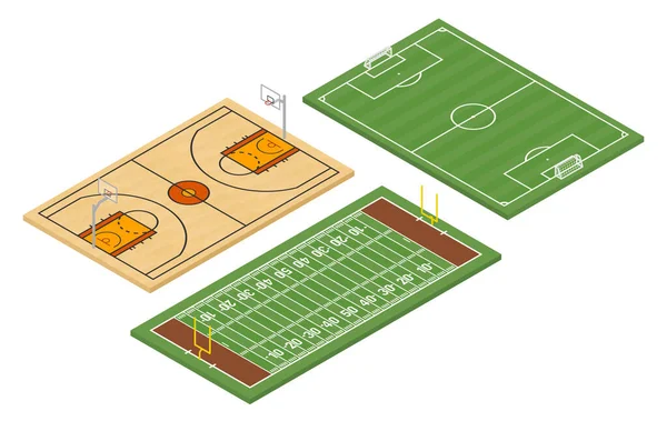 Campos Fútbol Americano Isométrico Cancha Baloncesto — Vector de stock