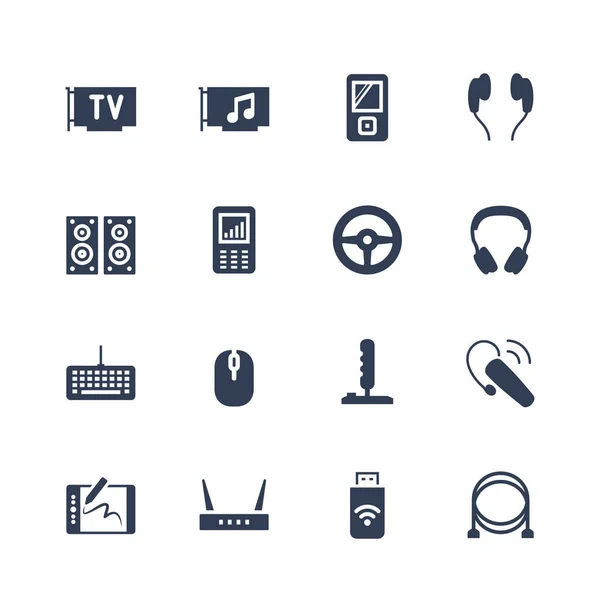 Conjunto Iconos Electrónica Gadgets Sintonizador Tarjeta Audio Reproductor Mp4 Auriculares — Vector de stock