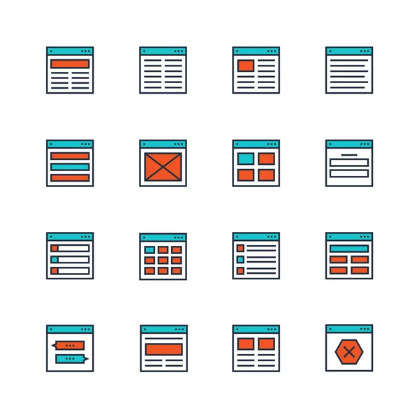 ウェブサイトやアプリケーションのワイヤーフレームテンプレートとデザインレイアウトの薄いラインスタイルの色のアイコン — ストックベクタ