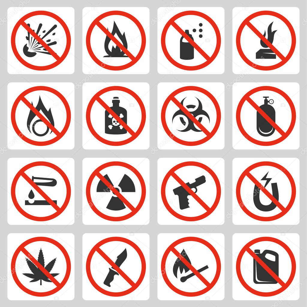 Signs of prohibited luggage items in airport, vector icon set