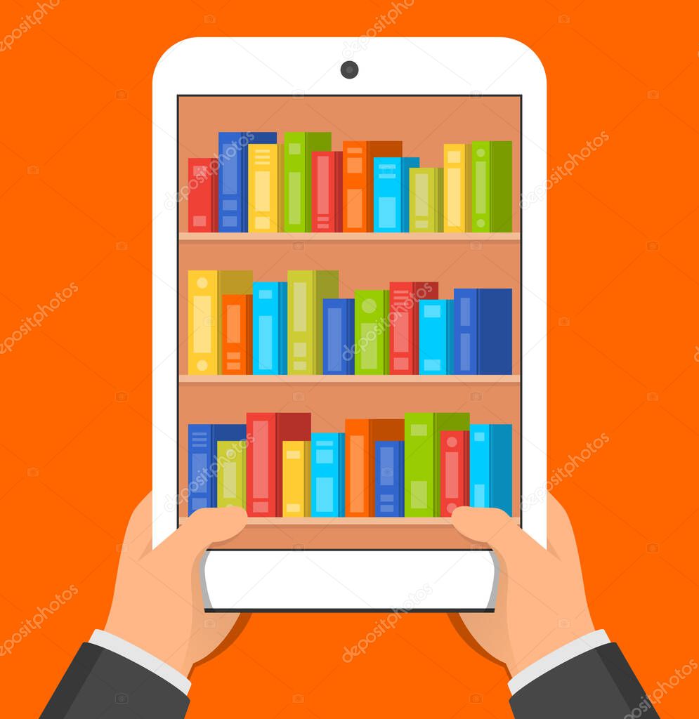 Hands holding tablet pc with books on the screen. Mobile reading concept. Vector flat illustration