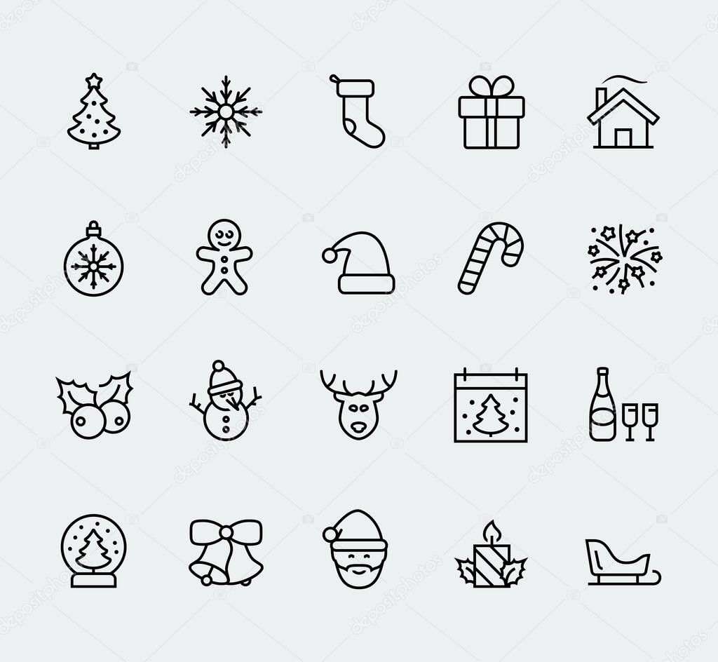 Christmas and new year icon set in thin line style