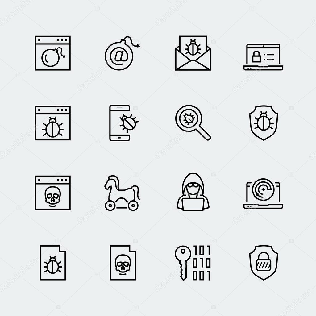 Computer virus, digital protection and hacker attack icon set