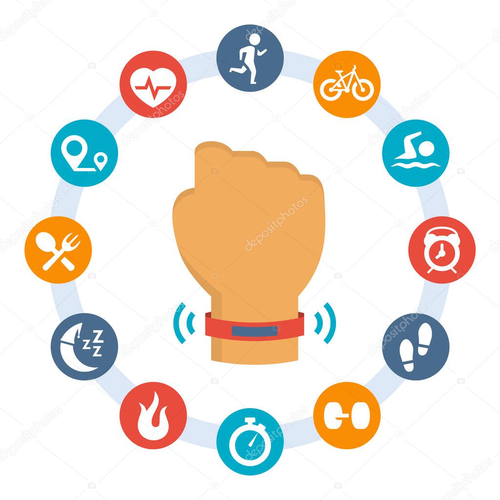 Activity tracker-band and set of related icons