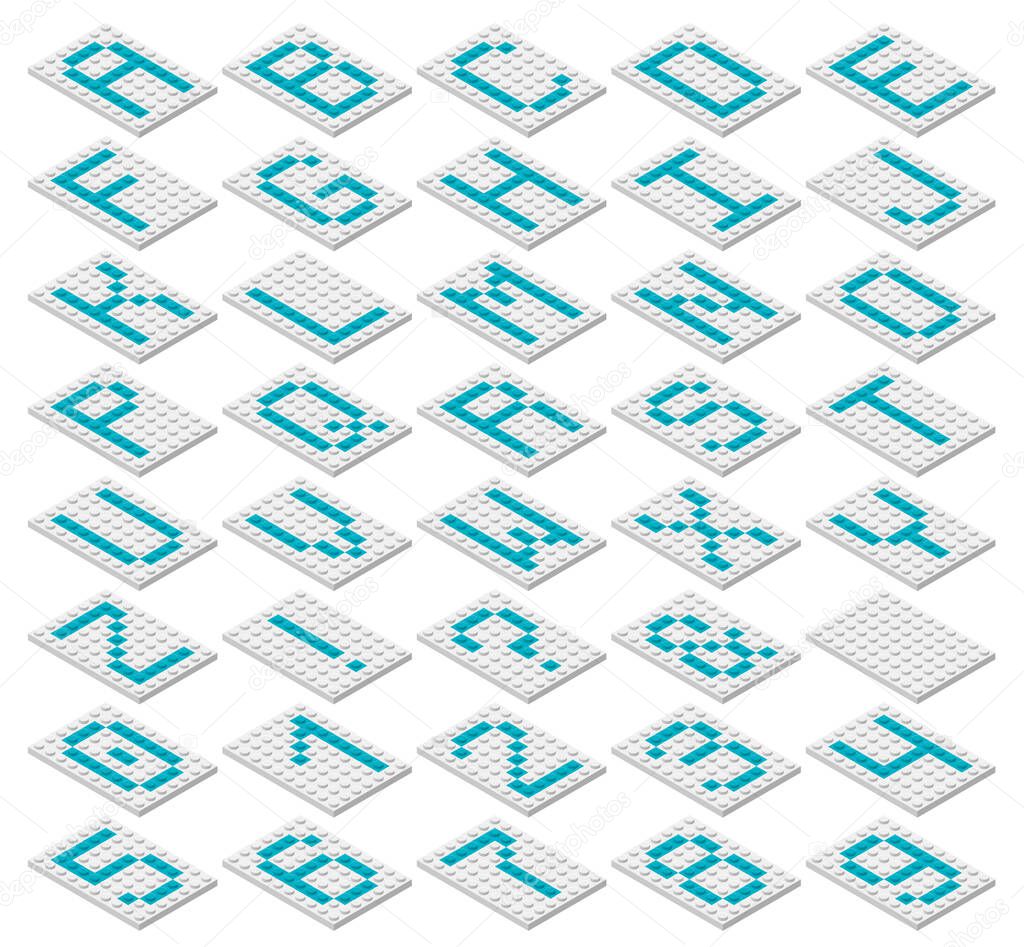 Decorative monospaced font from plastic constructor blocks in isometric style