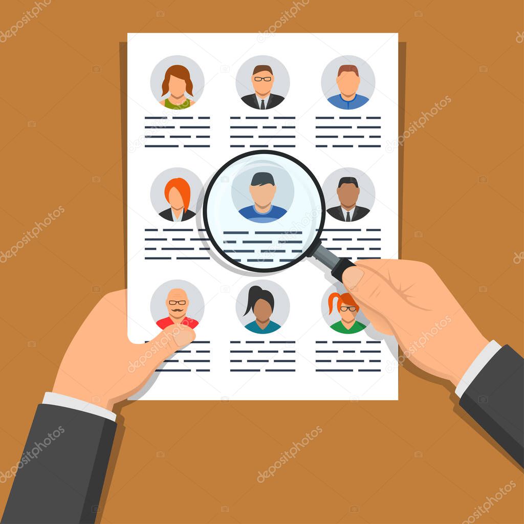 One hand holding document with list of people and another hand holding magnifier over it. Illustration concept of human resources management, finding personnel and headhunting