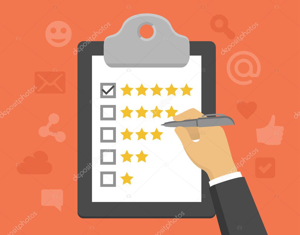 Vector customer feedback concept in flat style - clipboard and hand checking five stars mark on it