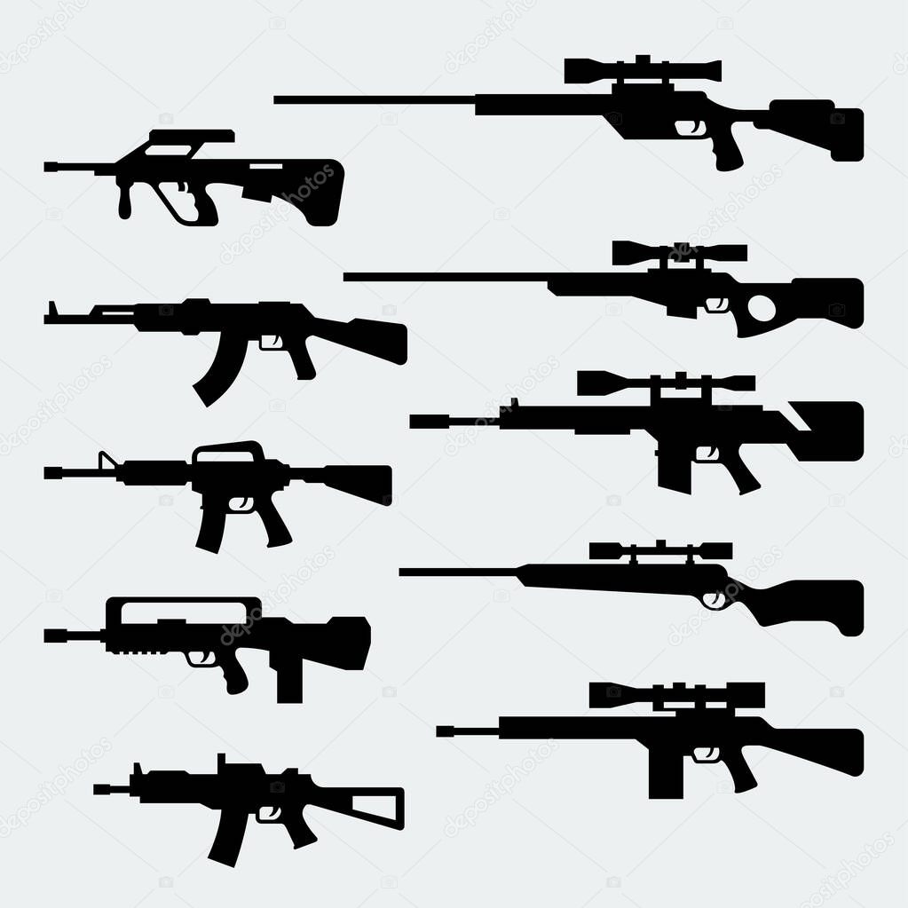 Vector set of silhouettes of modern assault and sniper rifles