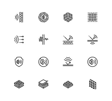 Acoustics and Acoustical Properties of Materials. Vector Icon set in Outline Style clipart