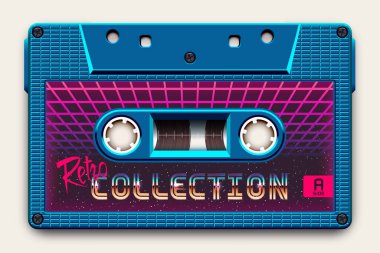 Relistic Bright Blue Audio Cassette, Retro Collection, Mixtape in Style of 80s and Retrowave, Synthwave, Vaporwave or Outrun clipart