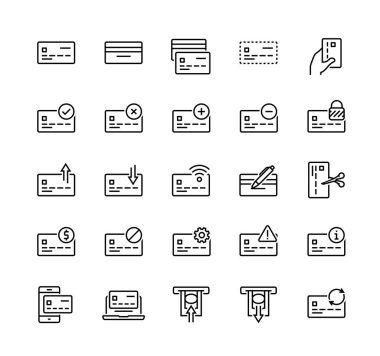 Banka kartı ile ilgili vektör simgesi ince çizgi biçiminde ayarlandı