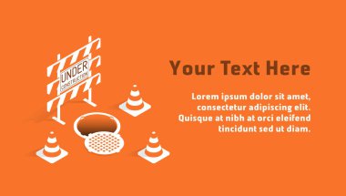 Turuncu ve beyaz tonlarda barikat, rögar ve trafik konileri olan inşaat konsepti. Örnek metin içeren Isometric şablonu