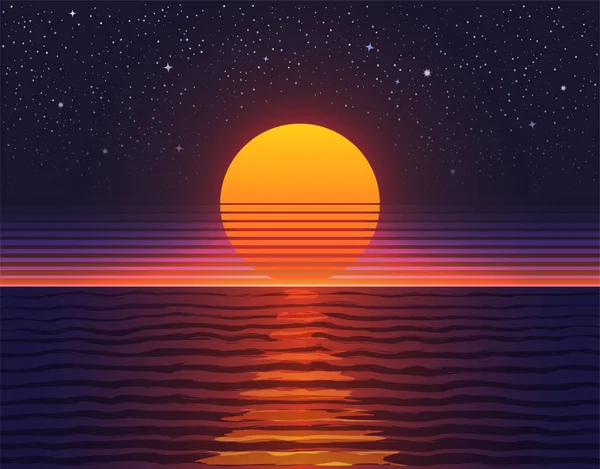 Retro Illustration Aus Den 80Er Jahren Sonnenuntergang Über Dem Großen — Stockvektor