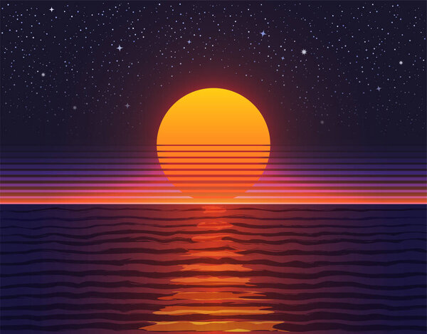 Retro 80s illustration. Sunset over big water