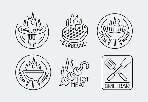 Grill Barbecue Logos Set Outline Style — Stock Vector