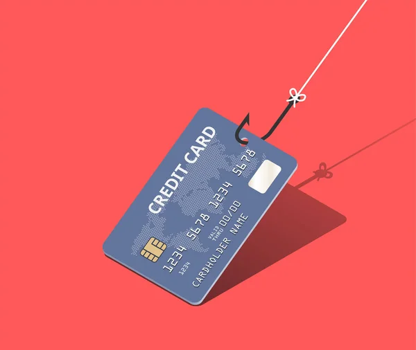 Creditcard Vishaak Scharlaken Achtergrond Oplichting Phishing Concept Vector Isometrische Illustratie — Stockvector