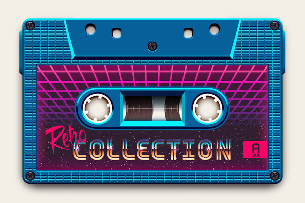 Relistic Bright Blue Audio Cassette, Retro Collection, Mixtape in Style of 80s and Retmicrowave, Synthwave, Vaporwave or Outrun