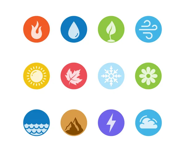 Conjunto Iconos Vectoriales Redondos Elementos Fuego Agua Tierra Aire Estaciones — Archivo Imágenes Vectoriales