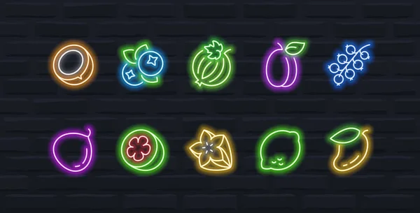 Vector Fruits Berries Icon Set Outline Neon Style — Stock Vector