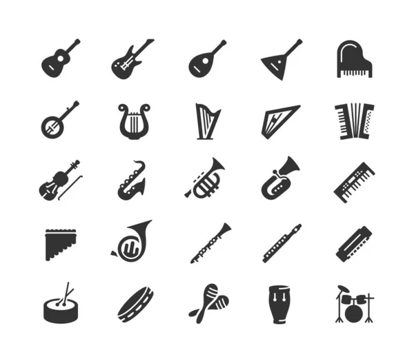 Набор Векторных Иконок Музыкальных Инструментов Стиле Глифов — стоковый вектор