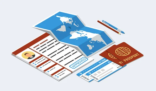 Modulo Visto Approvato Passaporti Biglietti Mappa Penna Matita Viaggio Concetto — Vettoriale Stock