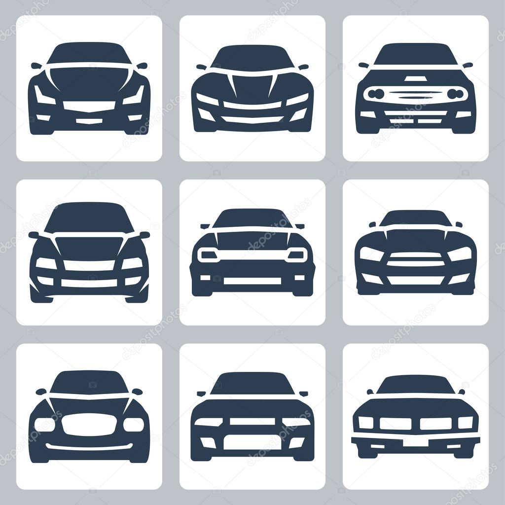 Front view of different cars, vector icon set