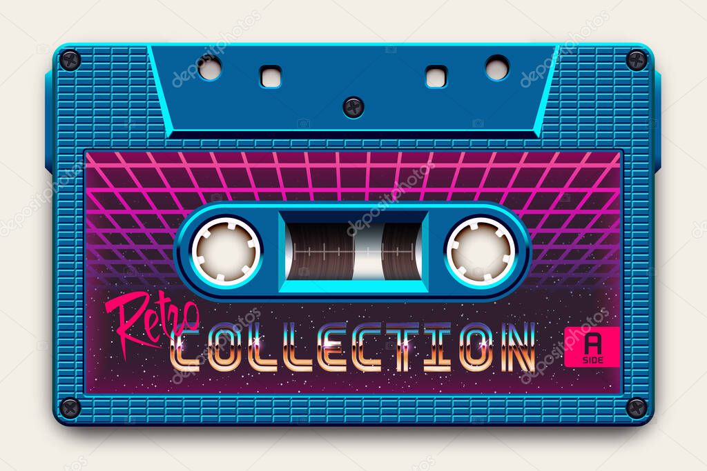 Relistic Bright Blue Audio Cassette, Retro Collection, Mixtape in Style of 80s and Retrowave, Synthwave, Vaporwave or Outrun