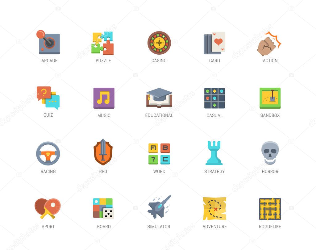 Video game genres vector icons set in flat design style