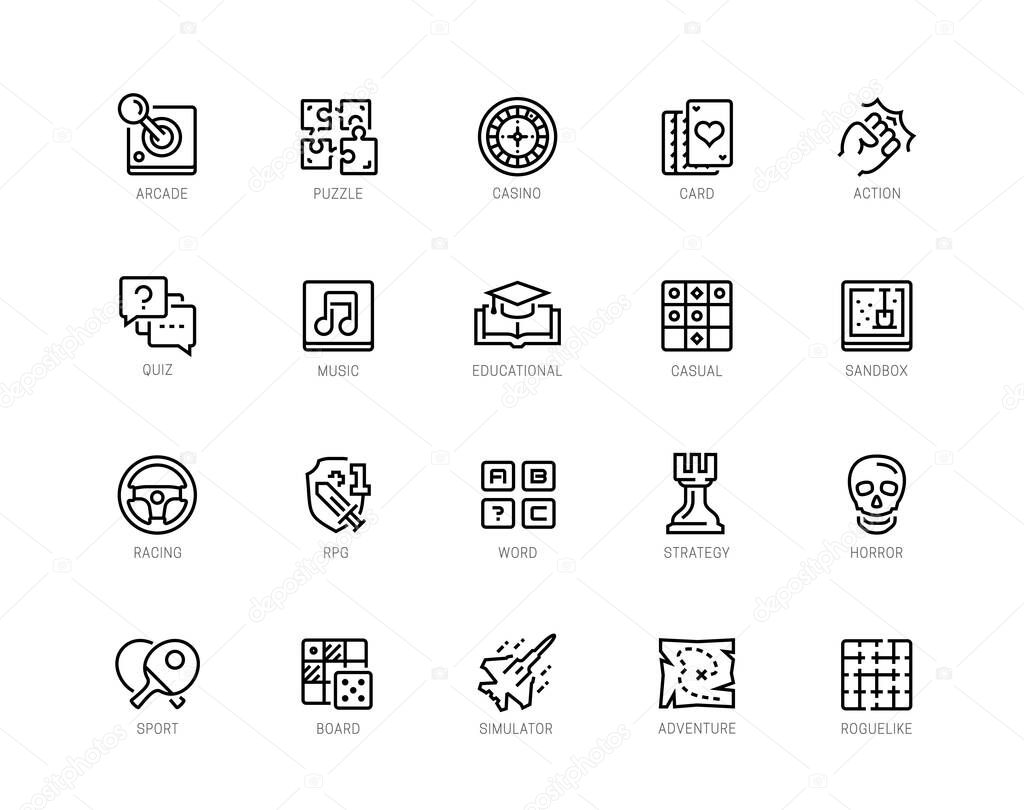 Video game genres vector icons set in editable line style