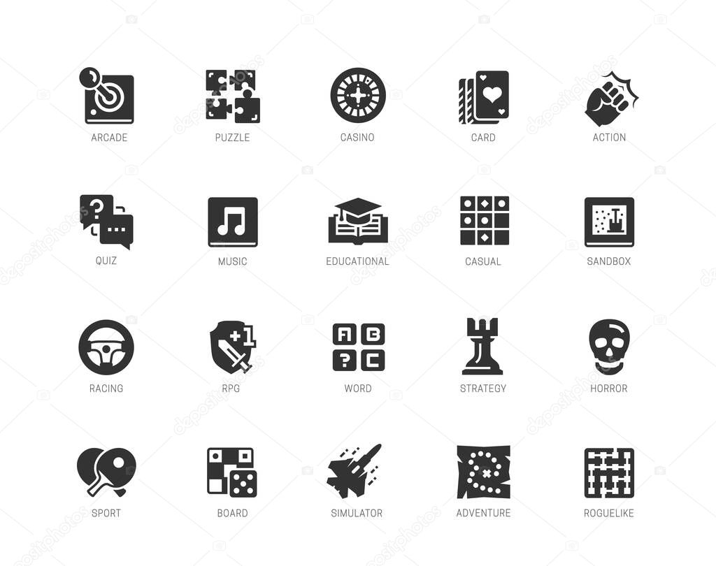 Video game genres vector icons set in glyph style