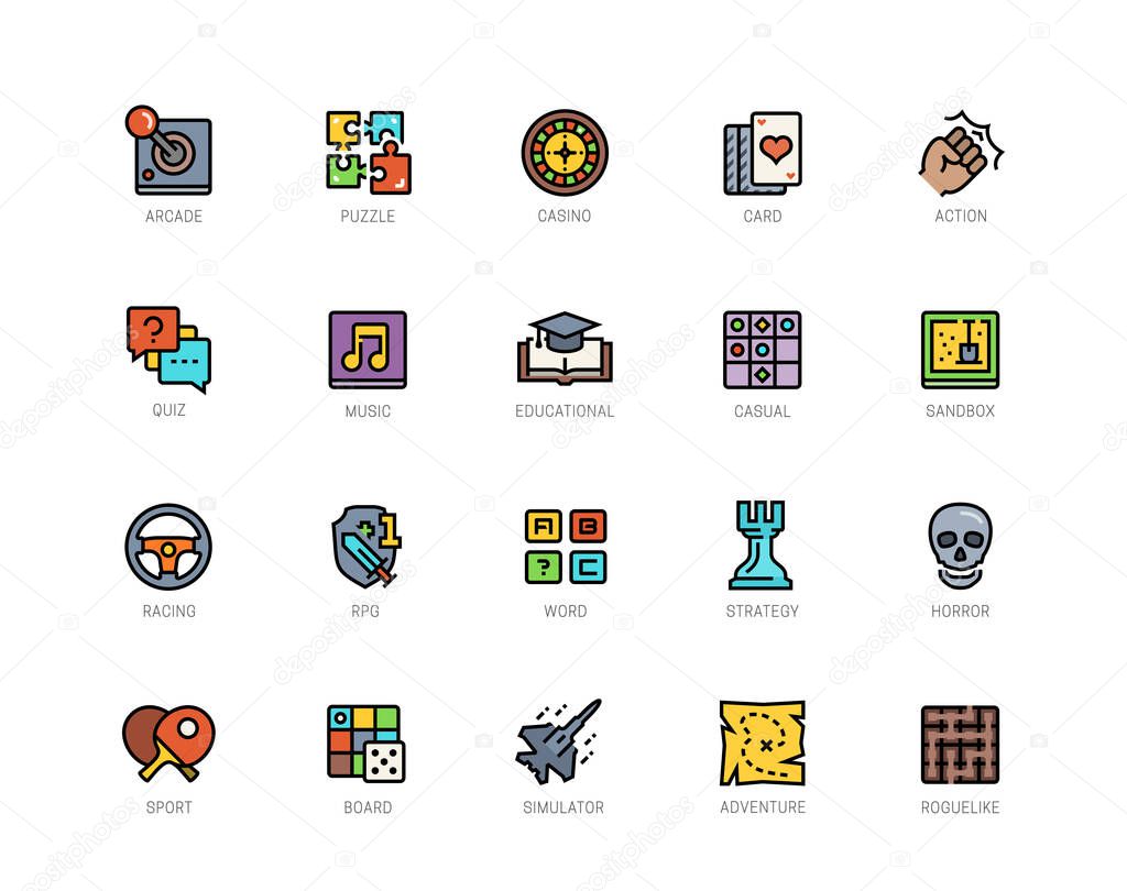 Video game genres vector icons set in filled outline style
