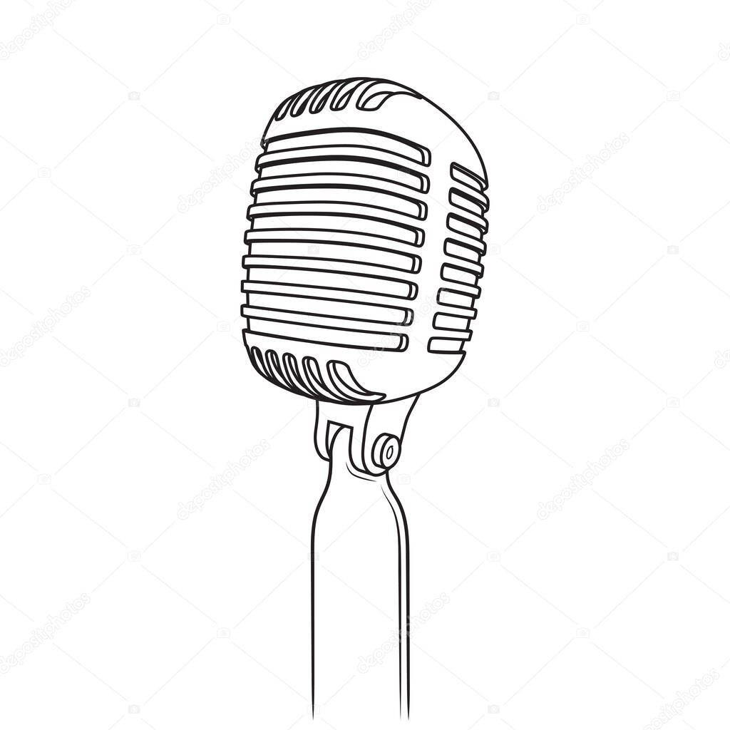 Vector illustration of retro microphone in outline style on white background