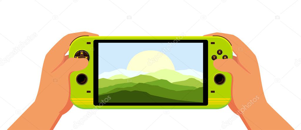 Hands Holding Portable, Handheld Video Game Console