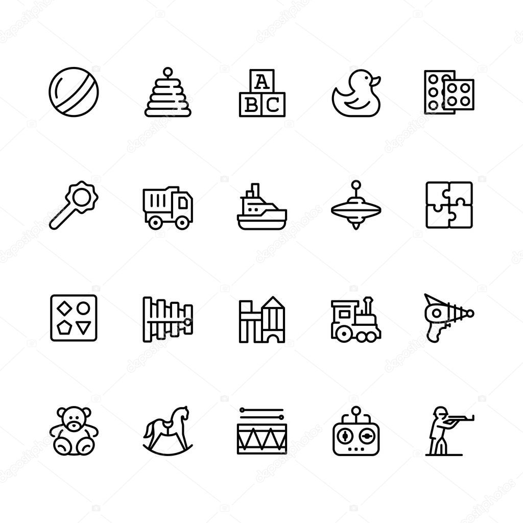 Toys icon set in outline style with editable stroke