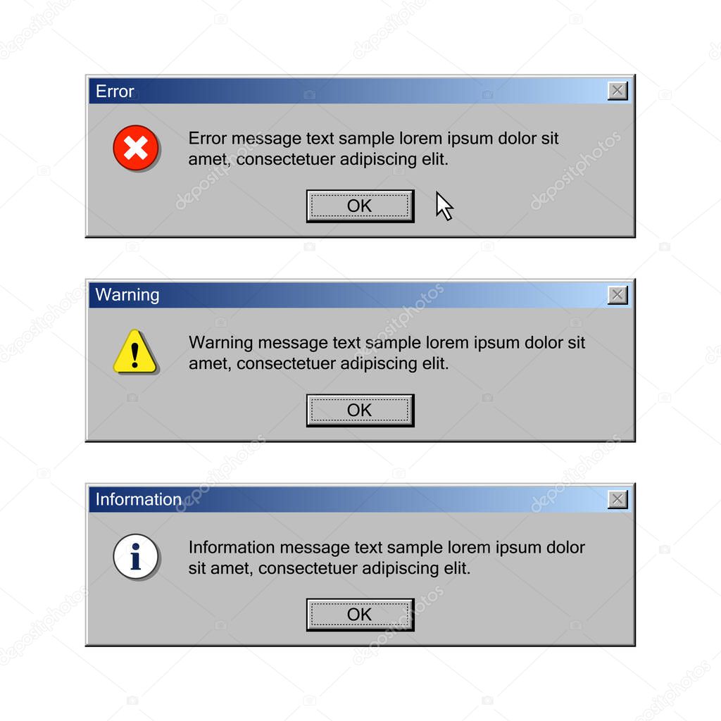 Critical error, warning and information messages. User interface of vintage operation system