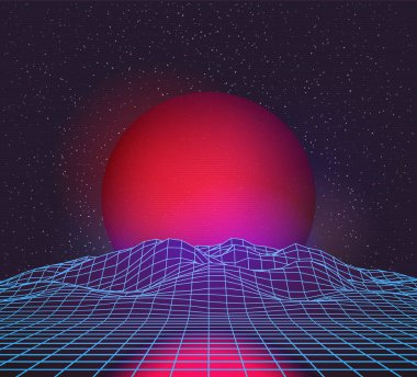 Retro 80 'lerin Geleceği Derin Uzay Tasarımı. Laser Izgarasından Çerçeve Dağları ve Kırmızı Gezegen veya Ufuk Üzerindeki Güneş