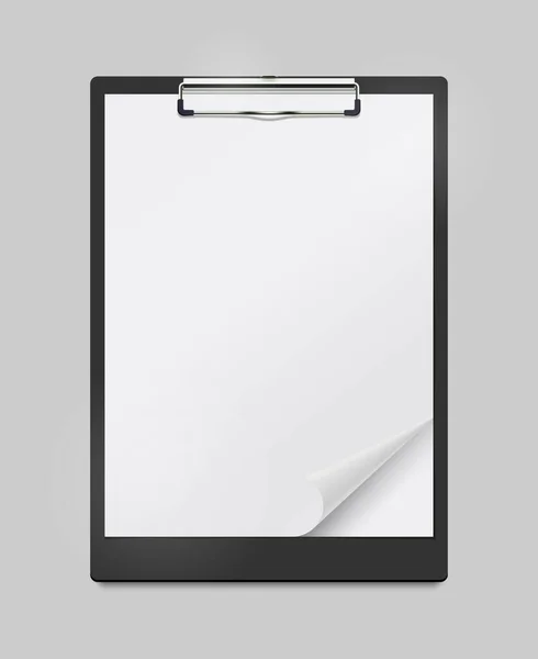 Realistic Clipboard Mockup Blank White Sheet Paper Curled Corner — Stock Vector