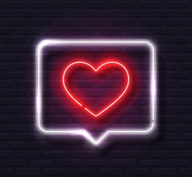 Beyaz Spech 'te Neon Kırmızı Parlayan Kalp Kara Tuğla Duvarda Kabarcık Pankartı