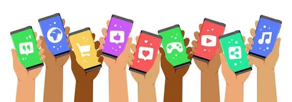 Ekranında Sosyal Medya Uygulamalarını Temsilen Simgelerle Akıllı Telefonları Kaldıran Eller — Stok Vektör