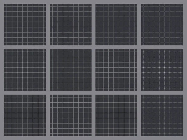 Twelve Retro Gray Grid Seamless Patterns Light Lines Background — Stock Vector