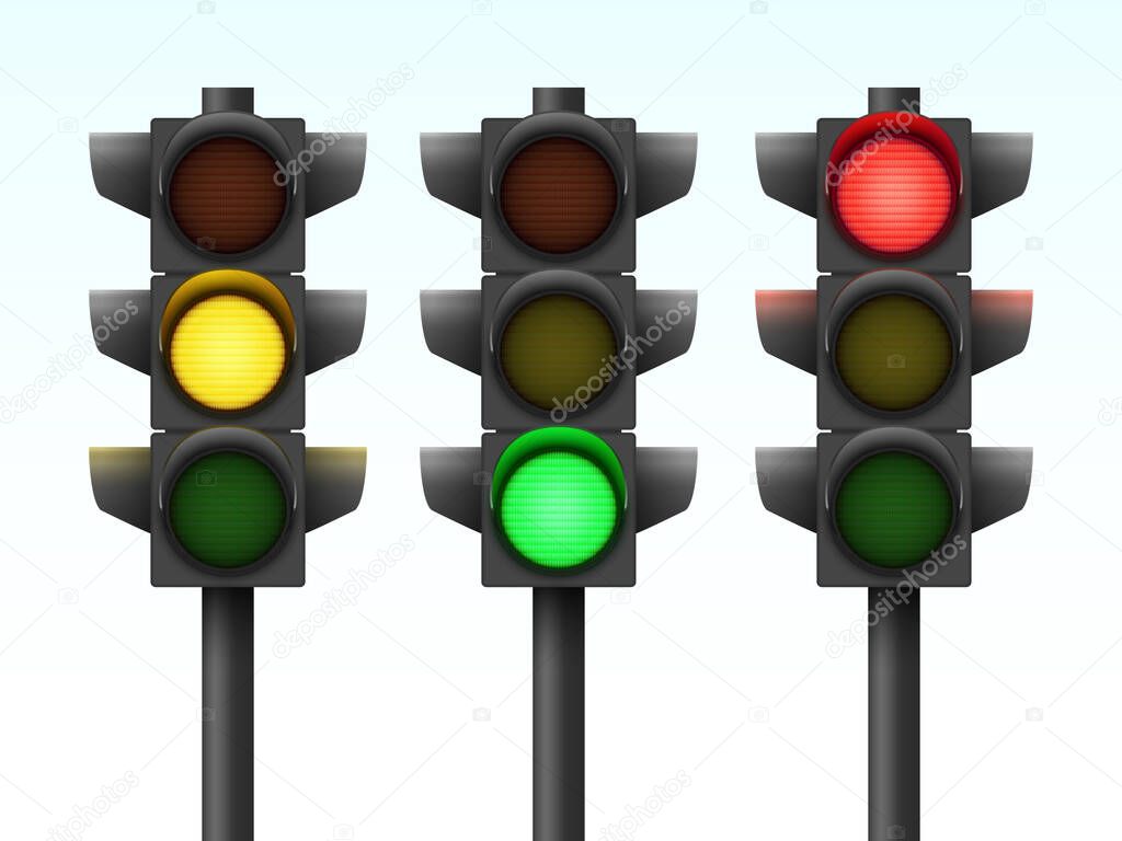 Realistic Vector Illustration of Three Traffic Lights With Different Colors On