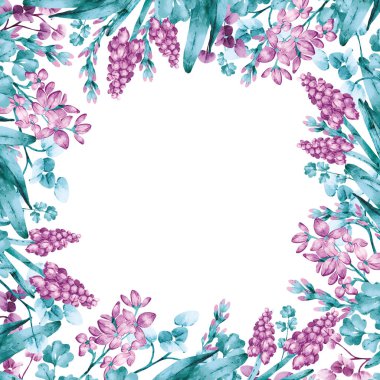 Leylak çiçekli çerçeve, yapraklı