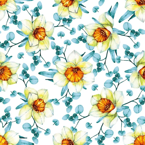 Hojas de patrón, flores de narcisos blancos —  Fotos de Stock