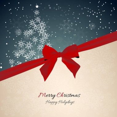 Noel kutlamaları arka plan kırmızı kurdele, ağaç ve kar taneleri