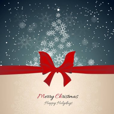 Noel kutlamaları arka plan kırmızı kurdele, ağaç ve kar taneleri