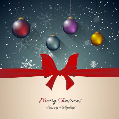 Noel kutlamaları arka plan kırmızı kurdele, kar taneleri ve Noel topları ile