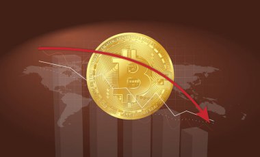 grafikler ok ve dünya harita düşen kırmızı zemin üzerine altın bitcoin