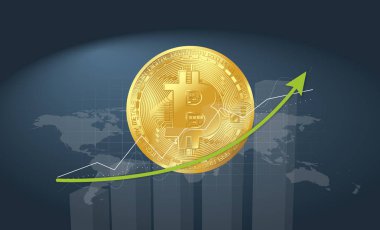 ok ve dünya harita yükselen grafikleriyle mavi zemin üzerine altın bitcoin